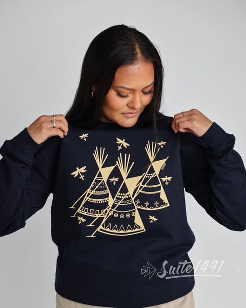 Native American Crewneck Sweatshirt "Winter Camp" Navy