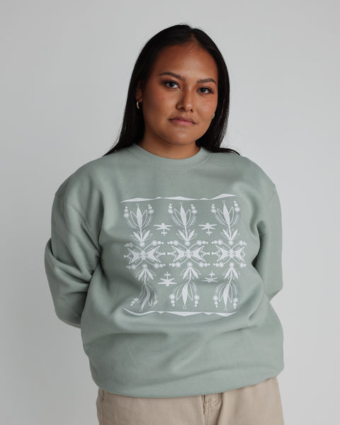 Native American Crewneck Sweatshirt "Mountain Flowers" Light Sage
